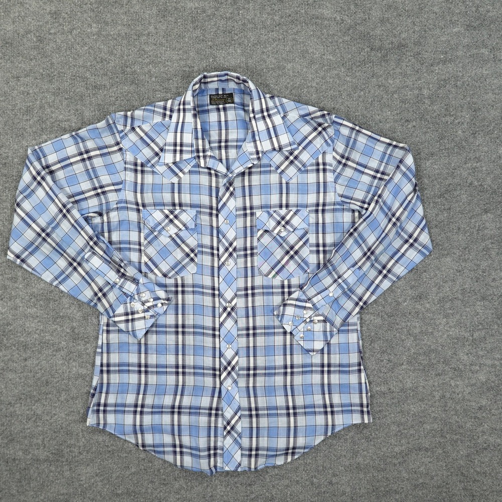 Vintage JCPenney Shirt Mens 17x35 Blue Plaid Western Pearl Snap Long Sleeve